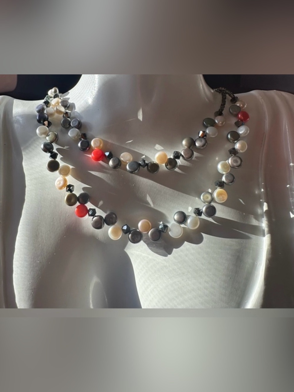 Lia Sophia 2 Strand Round Small Beads Necklace in Pearl, Gray, Black & Red